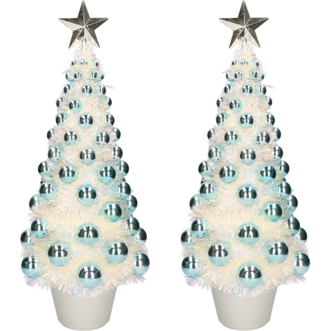 2x stuks complete mini kunst kerstbomen / kunstbomen blauw met lichtjes 50 cm -