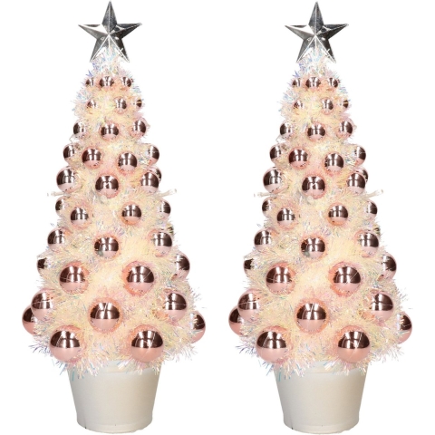 2x stuks complete mini kunst kerstbomen / kunstbomen zalmroze met lichtjes 40 cm -