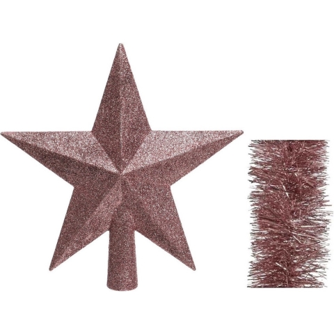 Kerstversiering kunststof glitter ster piek 19 cm en folieslingers pakket oud roze van 3x stuks -