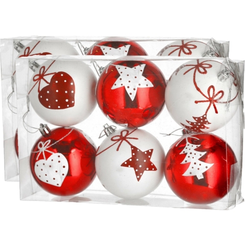 12x stuks gedecoreerde kerstballen rood en wit kunststof 6 cm -