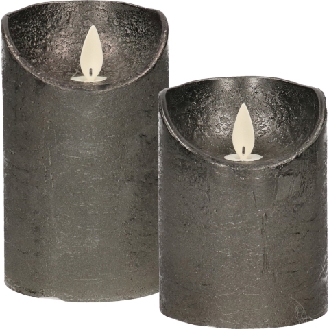 LED kaarsen/stompkaarsen - set 2x - antraciet - H10 en H12,5 cm - bewegende vlam -