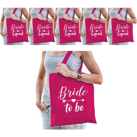 Vrijgezellenfeest dames tasjes/ goodiebag pakket: 1x Bride to Be roze+ 7x Bride Squad roze -