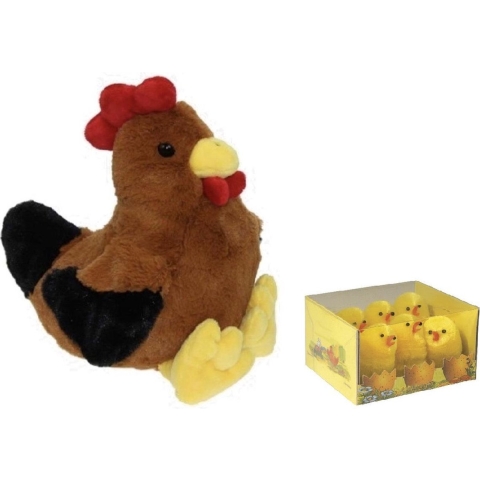 Pluche bruine kippen/hanen knuffel van 25 cm met 6x stuks mini kuikentjes 5 cm -