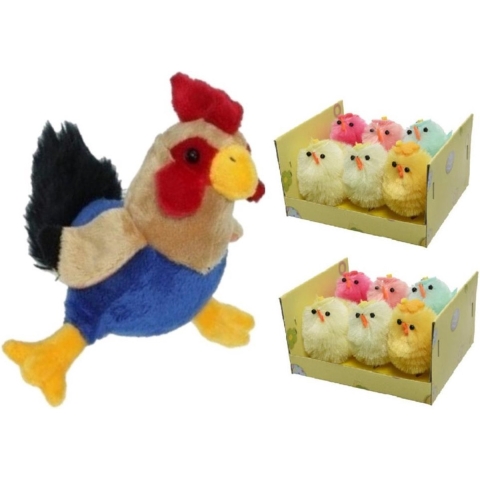 Pluche kippen/hanen knuffel van 20 cm met 12x stuks mini gekleurde kuikentjes 4 cm -