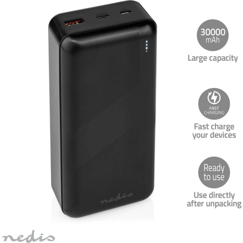 Nedis UPBKPD30000BK Powerbank 30000 Mah 1.5 / 2.0 / 3.0 A Outputs: 2 Output: 1x Usb-a / 1x Usb-c™ Inputs: 1x Micro Usb / 1x Usb-c™ Pd3.0 20w Lithium-polymeer