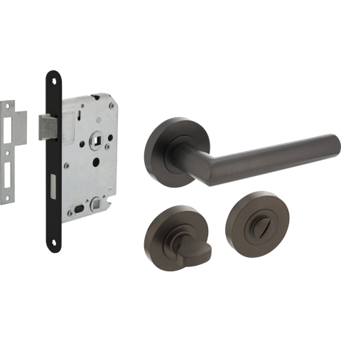 Intersteel Deurbeslag Set Toiletslot 63/8mm Zwart Met Deurkruk Bastian en WC-Sluiting Antraciet Grijs