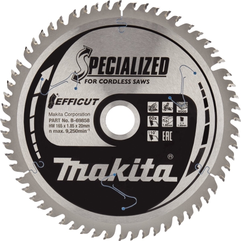 Makita Cirkelzaagblad voor Hout | Efficut | Ø 165mm Asgat 20mm 60T - B-69864