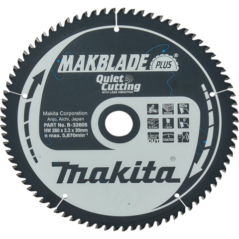 Makita Afkortzaagblad voor Hout | Makblade-Plus | Ø 260mm Asgat 30mm 80T - B-32605