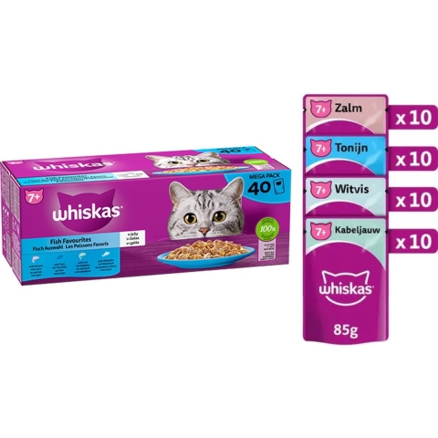 Whiskas 7+ Senior Kattenvoer Natvoer Vis Selectie in Gelei 40 x 85 gr