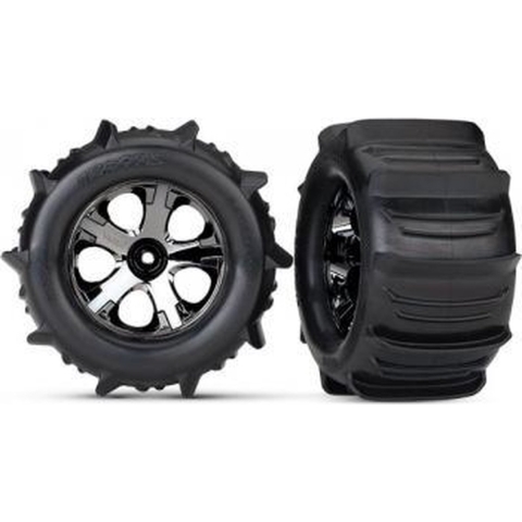 Tires & Wheels, assembled, Glued (2.8") (All-Star black chrome wheels, paddle tires, foam inserts) (nitro rear/electric front) (2)