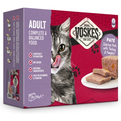 Voskes Adult - Paté Iberisch varken met kalkoen & pompoen natvoer kat (8x85 g) 8 verpakkingen (64 x 85 g)