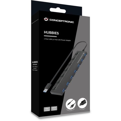 Conceptronic HUBBIES19BP interface hub USB 3.2 Gen 1 (3.1 Gen 1) Type-A 5000 Mbit/s Zwart