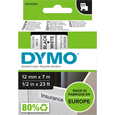 Dymo D1 tape S0720530 12mm x 7m Black/White