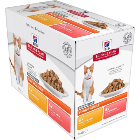 Hill&apos;s Adult Sterilised Cat nat kattenvoer met kip en zalm maaltijdzakje combipack 1 doos (12 x 85 g)