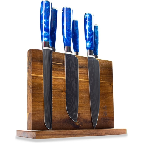 Epoxy Sapphire Damascus Print 6-delige Messenset  + Acacia houder dubbelzijdig