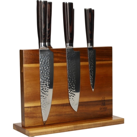 Hammered RVS 6-delige Messenset + Acacia houder dubbelzijdig