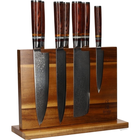 Shinrai Knives - Micarta Jewels 7-delige Damascus Messenset + Magnetisch Messenblok Dubbelzijdig