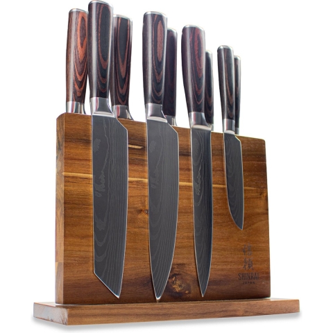 Shinrai Knives - Damascus Print 9-delige Messenset + Magnetisch Messenblok Dubbelzijdig