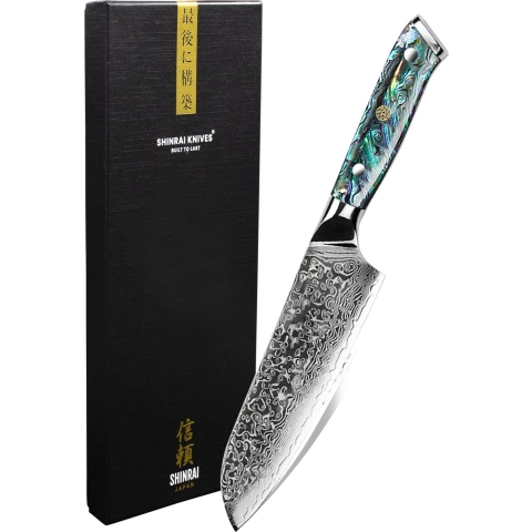 Shinrai Knives - Parelmoer Jewels Damascus Santoku mes 18 cm