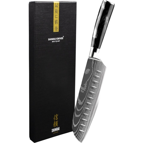 Shinrai Knives - Damascus Print Onyx Epoxy Santoku mes 18cm