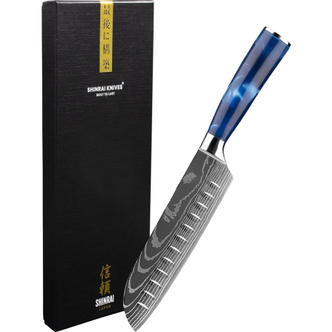 santoku mes damascus print - Expoxy Sapphire