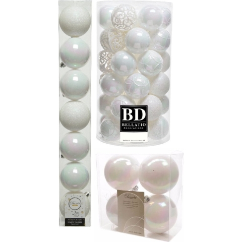 Kerstversiering kunststof kerstballen parelmoer wit 6-8-10 cm pakket van 59x stuks -