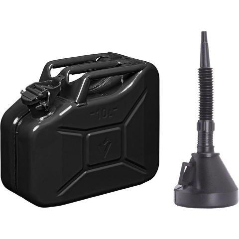 Metalen Jerrycan zwart voor brandstof van 10 liter met een handige grote schenk trechter -
