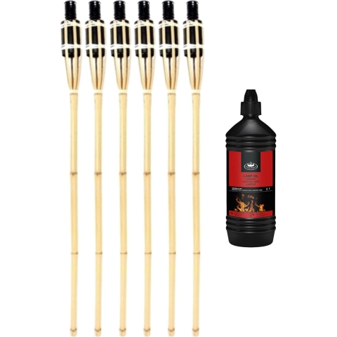 6x stuks Bamboe tuinfakkels 90 cm inclusief 1 liter lampenolie/fakkelolie -