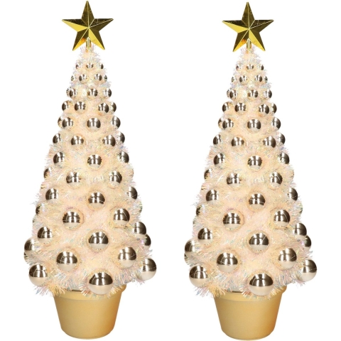 2x stuks complete mini kunst kerstbomen / kunstbomen goud met lichtjes 50 cm -