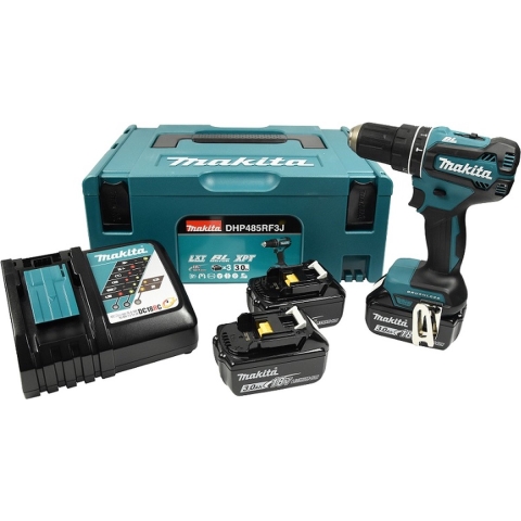 Makita DHP485RF3J 18v Klopboor- en schroefmachine brushless 3,0 Ah accu (3 st), snellader, Mbox