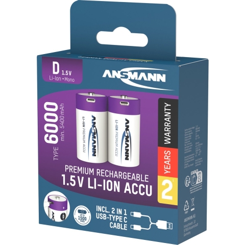 Ansmann LR20 USB-C Oplaadbare D batterij (mono) Li-ion 6000 mAh 1.5 V 2 stuk(s)