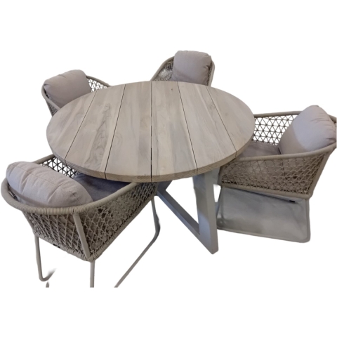 Tuinset Dylan tafel Linen, teak dia. 140 cm met 4 stoelen Bara stoel salix, rope salix, flax beige AW - Yoi