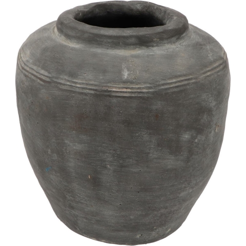 Bloemenvaas kruik/pot model - klei grijs - streep - D24 x H26 cm - rustieke vaas -