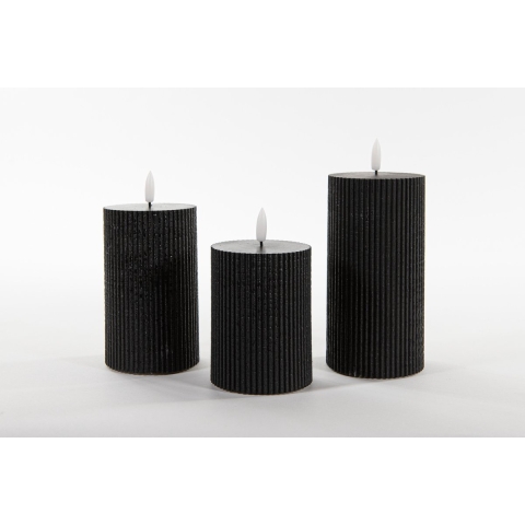 LED kaarsen/stompkaarsen set - 3x stuks - zwart - ribbel -