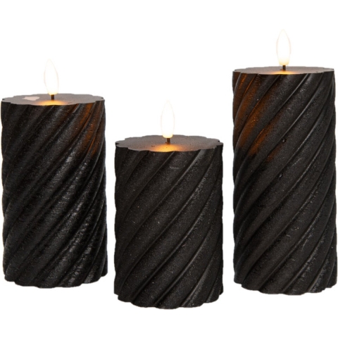 Luxe LED kaarsen/stompkaarsen set - 3x st - zwart - swirl - met afstandsbediening -