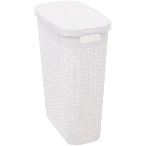 Smalle Wasmand met deksel Rotan - wit - gevlochten kunststof - 40 liter - 26 x 46 x 60 cm -