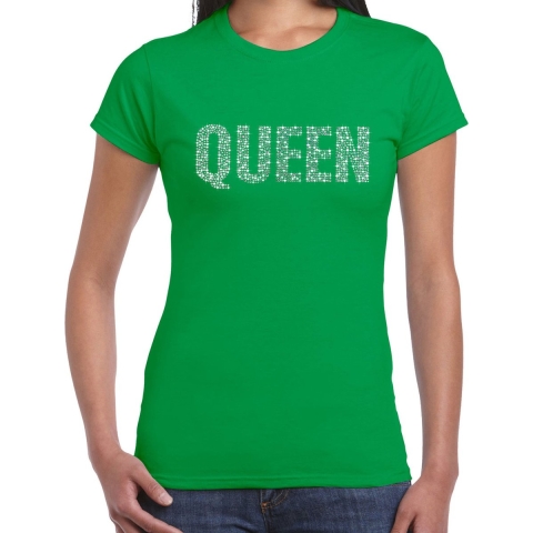 Glitter Queen t-shirt groen rhinestones steentjes voor dames - Glitter shirt/ outfit L -