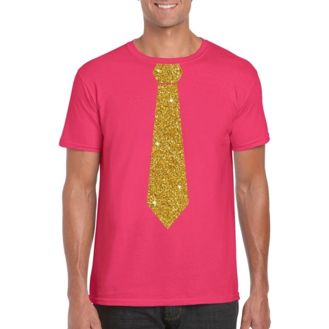 Roze fun t-shirt met stropdas in glitter goud heren XL -