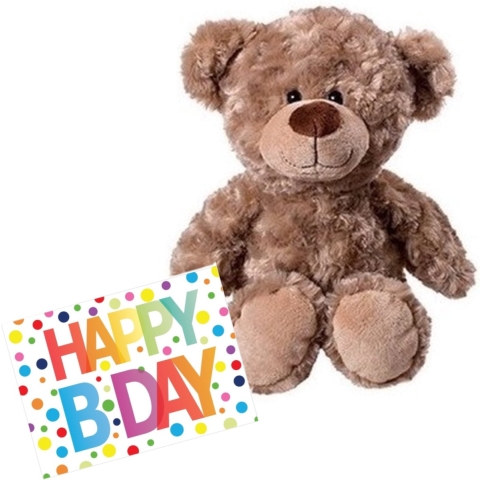 Pluche knuffel knuffelbeer 35 cm met A5-size Happy Birthday wenskaart -
