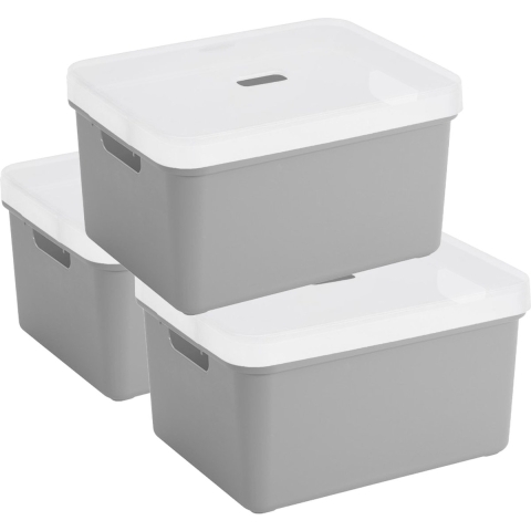 3x Sunware opbergbox/mand 32 liter lichtgrijs kunststof met transparante deksel -