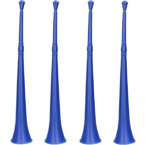 Vuvuzela grote blaastoeter hoorn - Set van 4x stuks - blauw - 48 cm - landen fan supporters feestart -