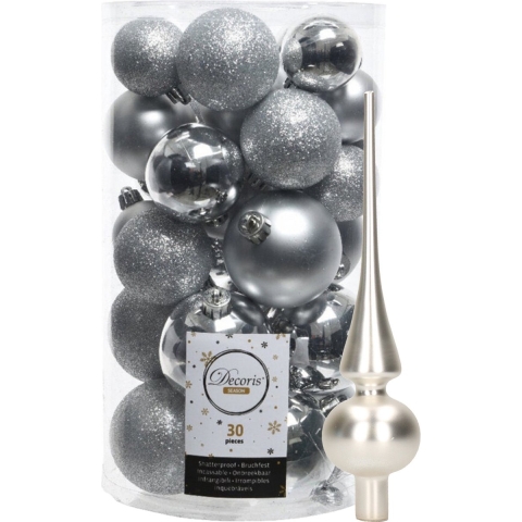 Decoris kerstballen 30x stuks - zilver 4/5/6 cm kunststof mat/glans/glitter mix en piek -