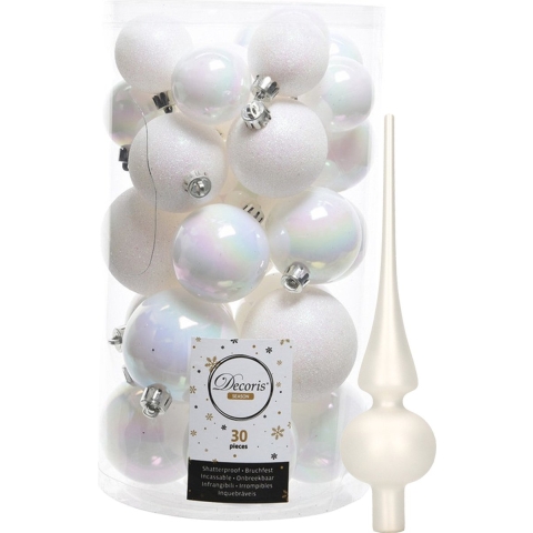 Decoris kerstballen 30x stuks - parelmoer wit 4/5/6 cm kunststof mat/glans/glitter mix en piek -