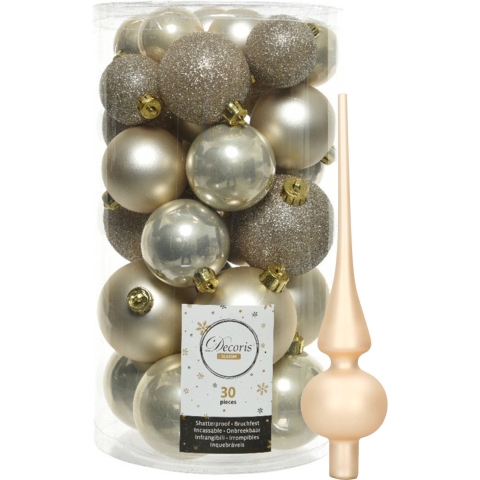 Decoris kerstballen 30x stuks - licht champagne 4/5/6 cm kunststof mat/glans/glitter mix en piek -
