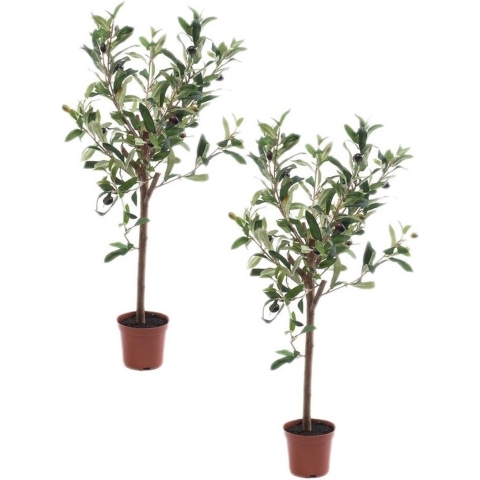 2x Kunstplant groene olijfboom 65 cm in betonlook pot -