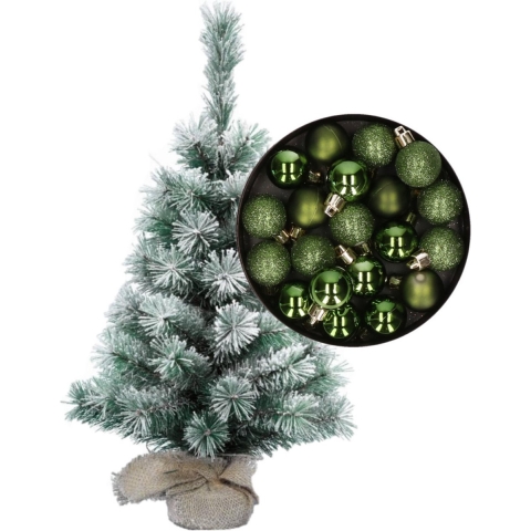 Besneeuwde mini kerstboom/kunst kerstboom 35 cm met kerstballen groen -