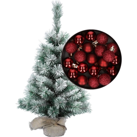 Besneeuwde mini kerstboom/kunst kerstboom 35 cm met kerstballen donkerrood -