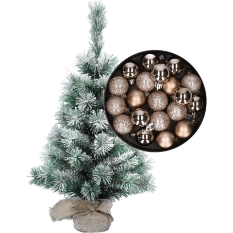 Besneeuwde mini kerstboom/kunst kerstboom 35 cm met kerstballen champagne -