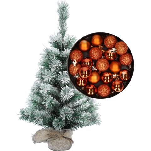 Besneeuwde mini kerstboom/kunst kerstboom 35 cm met kerstballen oranje -