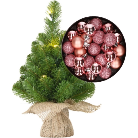 Mini kunst kerstboom - H45 cm - met verlichting en kerstballen - roze - kunstboom -